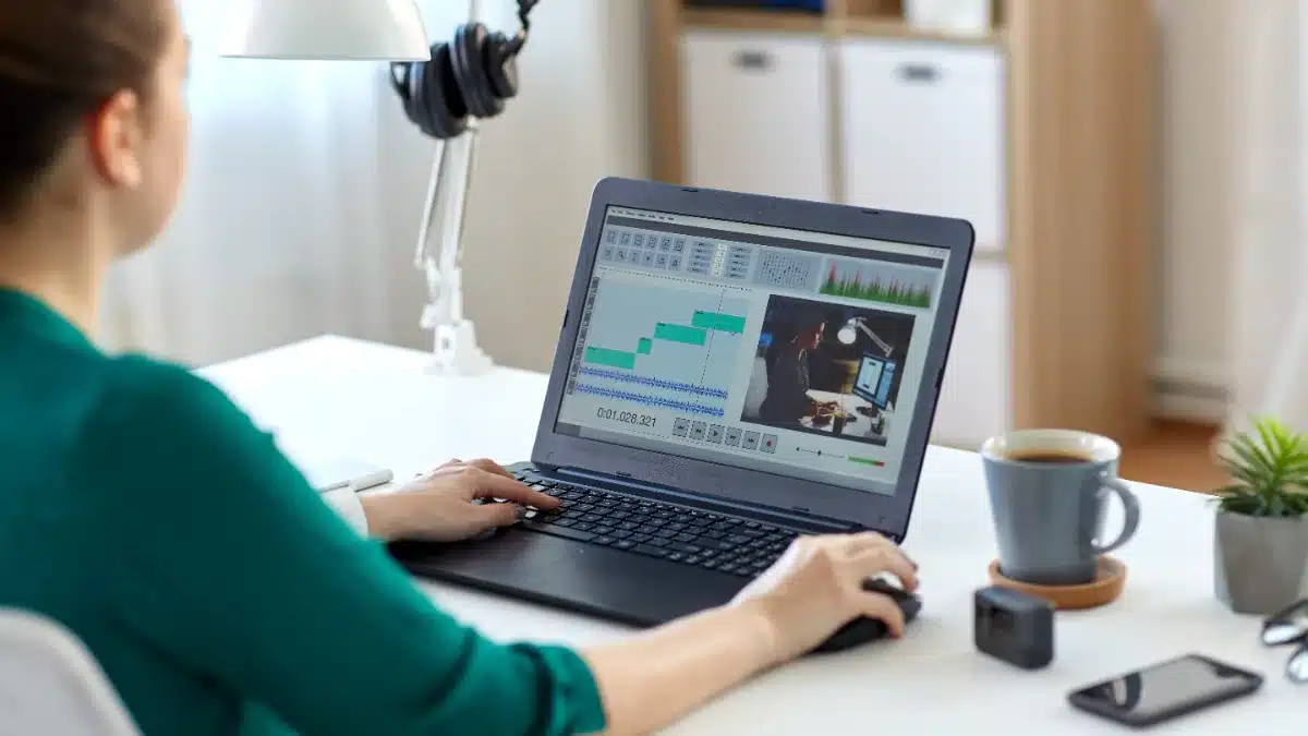 Tânără editează un material video pe laptop, într-un program de montaj