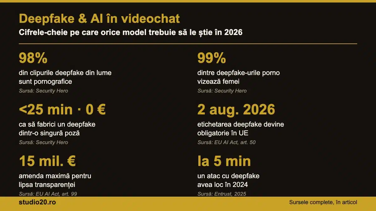 Infografic Studio 20 cu statistici despre deepfake și AI în videochat: 98% conținut pornografic, 99% vizează femei, reguli UE din august 2026