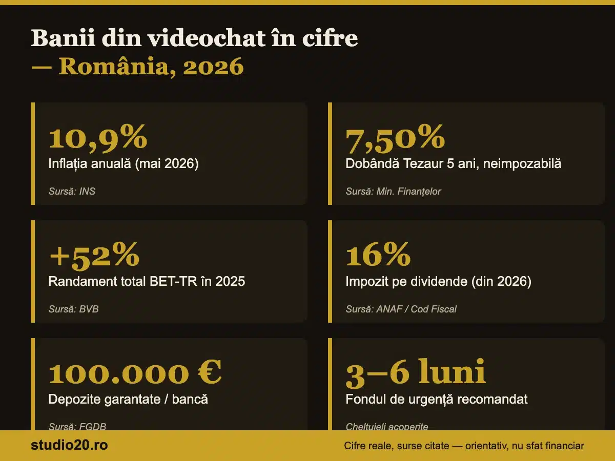 Infografic cu cifre cheie: inflație 10,9%, Tezaur 7,5%, BET-TR +52%, impozit dividende 16%, garanție depozite 100.000 euro