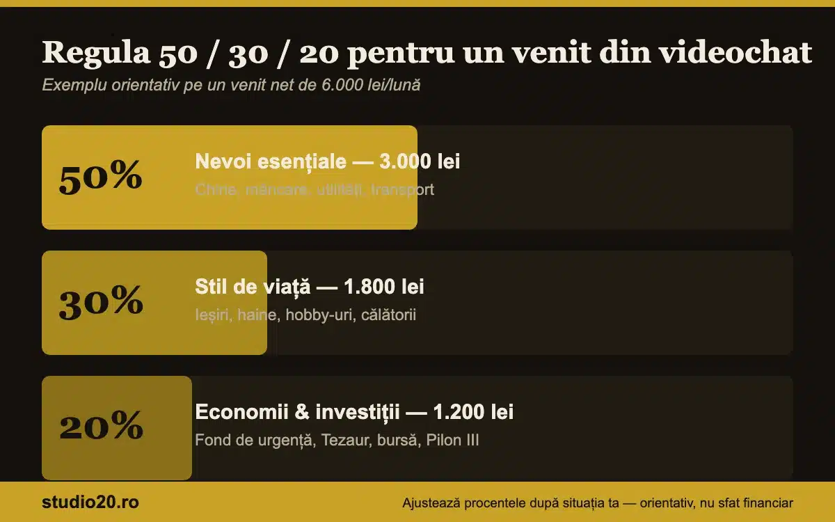Infografic regula 50/30/20: 50% nevoi, 30% stil de viață, 20% economii și investiții