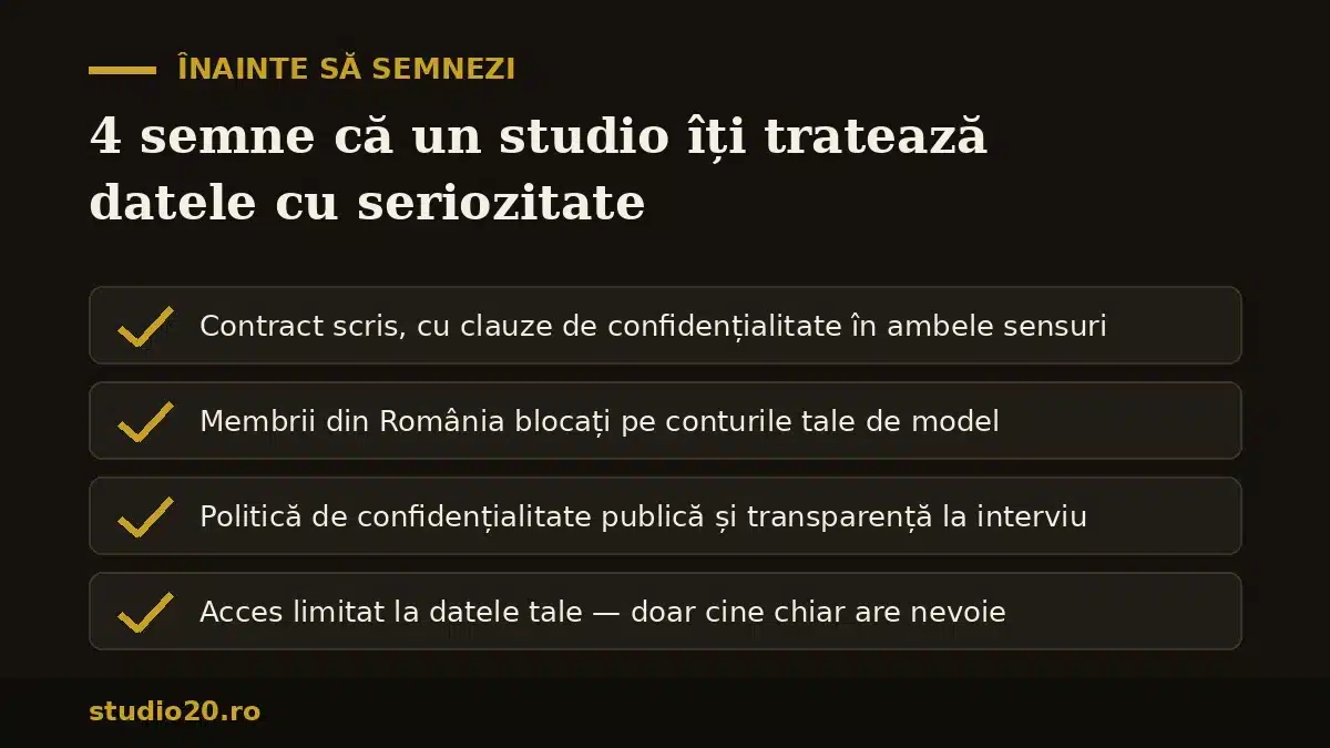 Checklist protecția datelor la alegerea unui studio de videochat: contract scris, membri din România blocați, politică de confidențialitate, acces limitat la date
