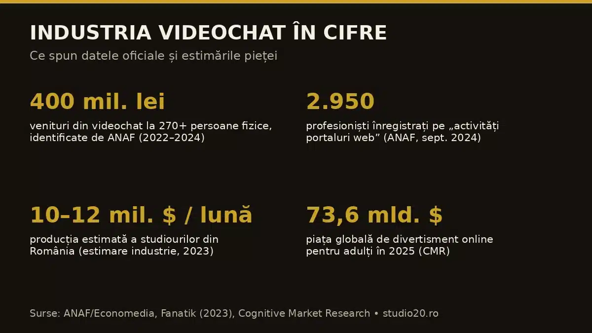 Infografic: industria videochat în cifre — 400 mil. lei venituri raportate la ANAF, 2.950 profesioniști, 10–12 mil. $ pe lună producția studiourilor, 73,6 mld. $ piața globală