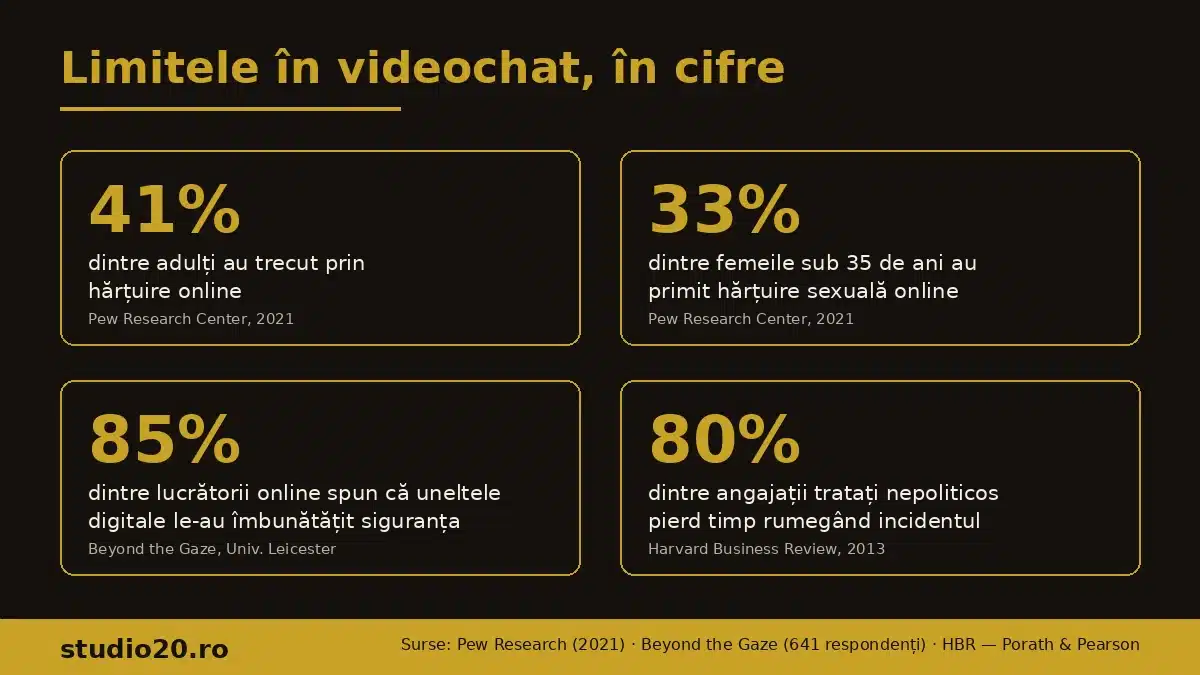 Infografic cu statistici despre hărțuirea online și limitele în videochat: 41% adulți hărțuiți online, 33% femei sub 35 hărțuite sexual online, 85% siguranță îmbunătățită digital, 80% timp pierdut după incidente