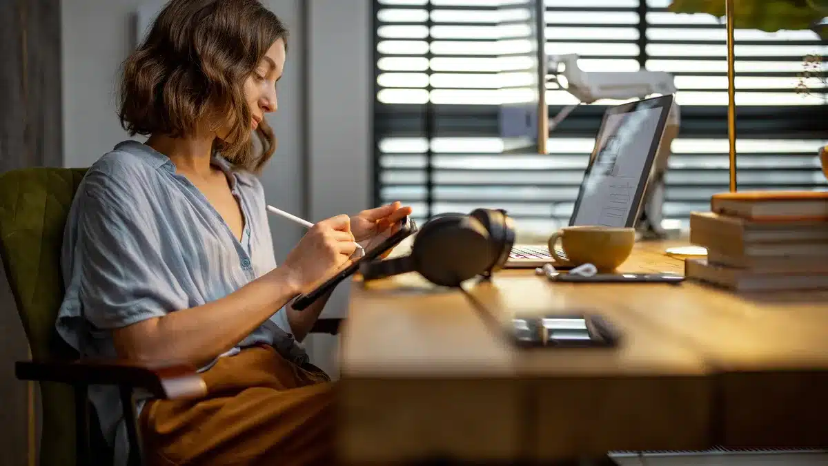 Model lucrând relaxat de acasă, exemplu de program flexibil într-un job de videochat