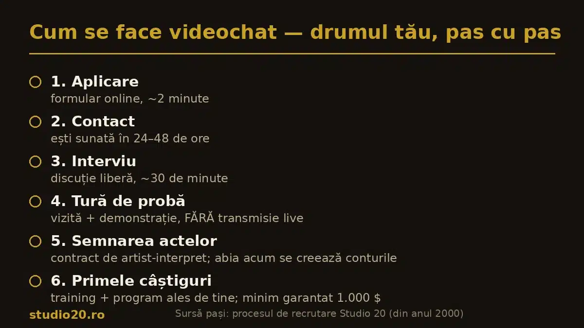 Infografic Studio 20: cei 6 pași de la aplicare la primele câștiguri în videochat